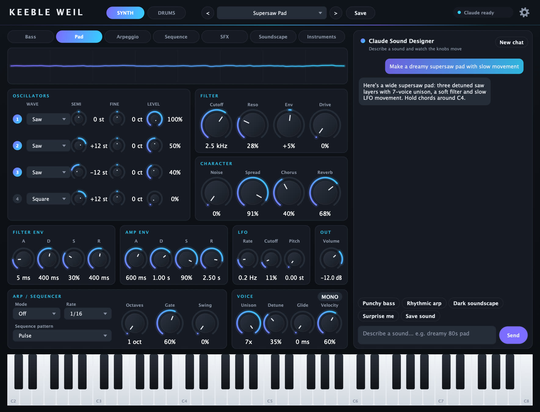 The Keeble Weil synthesizer: four oscillators, filter, envelopes, arpeggiator and a Claude sound designer chat
